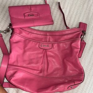 Coach Fuchsia Leather Shoulder Bag and Wallet